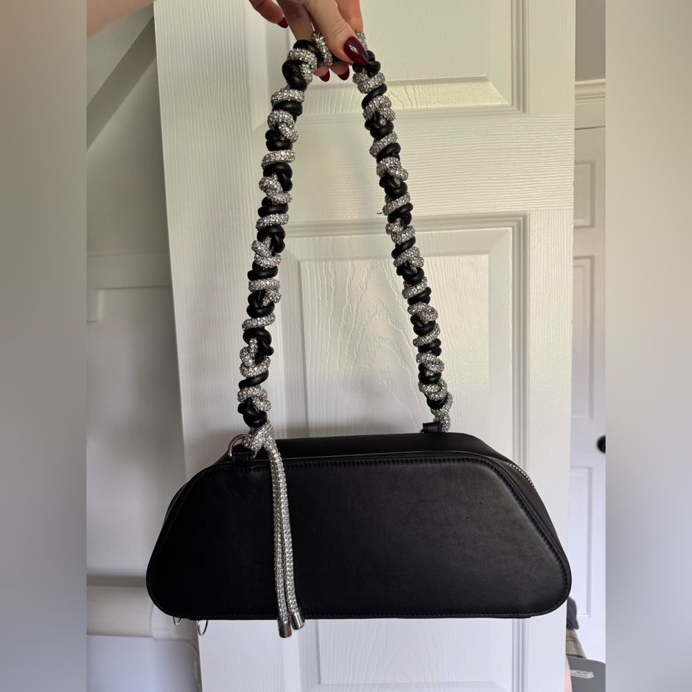 KARA NY Rhombus Shoulder Bag Black Lambskin Rhinestone Strap NWT